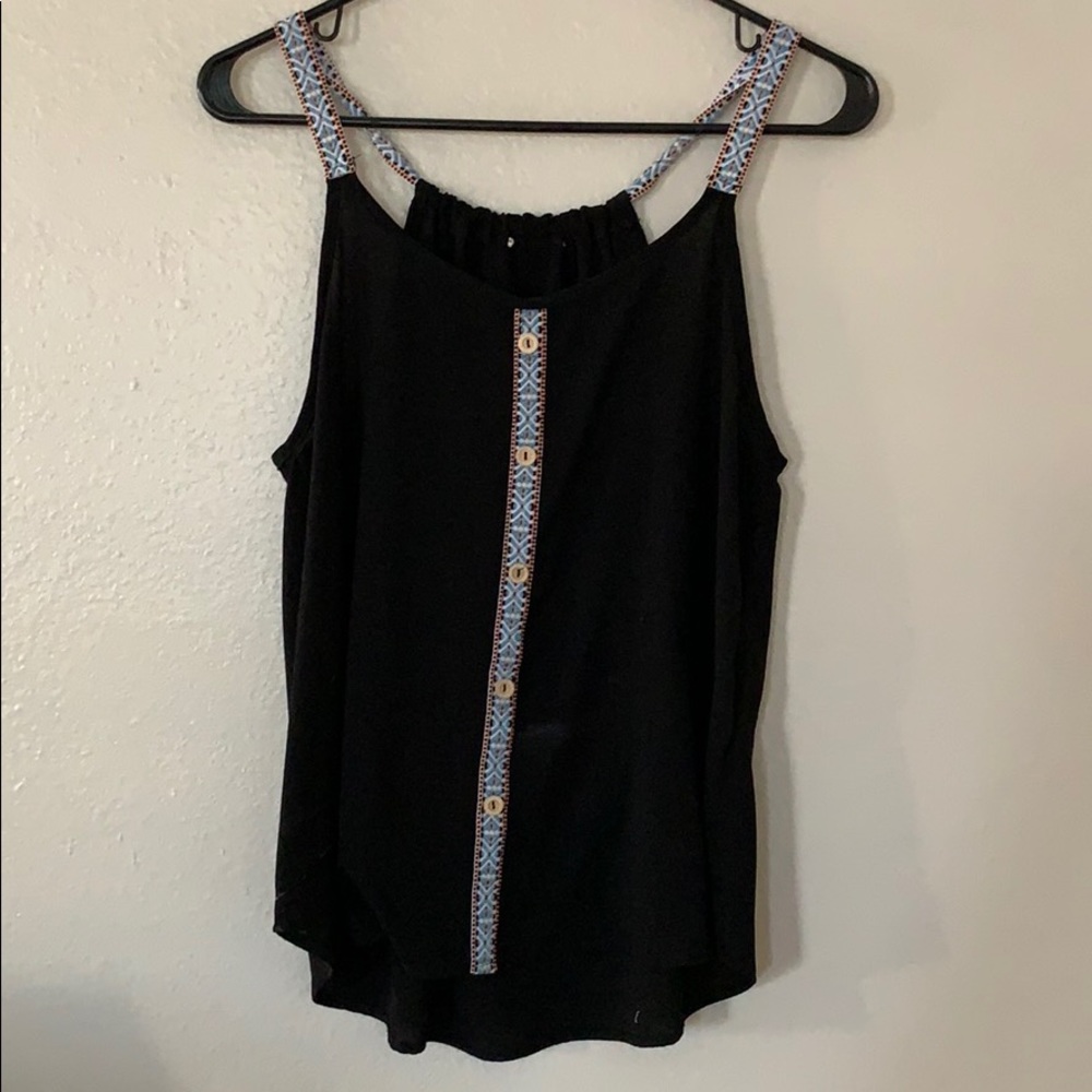 Black tank top with blue design